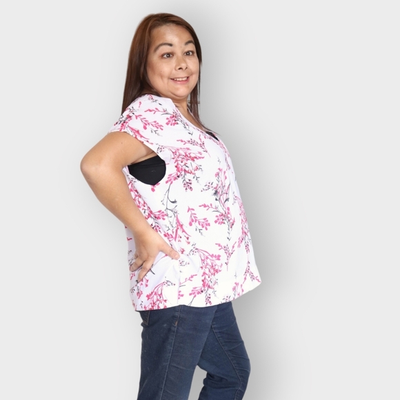 CLEO PETITES WOMENS PINK & WHITE FLORAL TOP SIZE LARGE - Picture 4 of 8